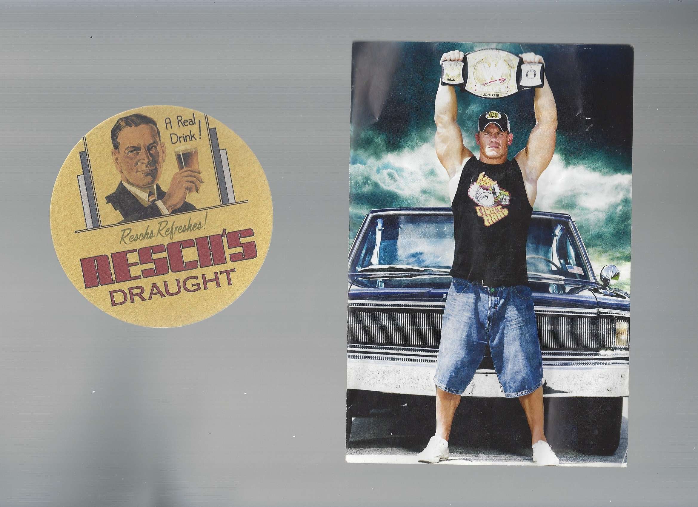 Scanned beer coaster and photo of John Cena