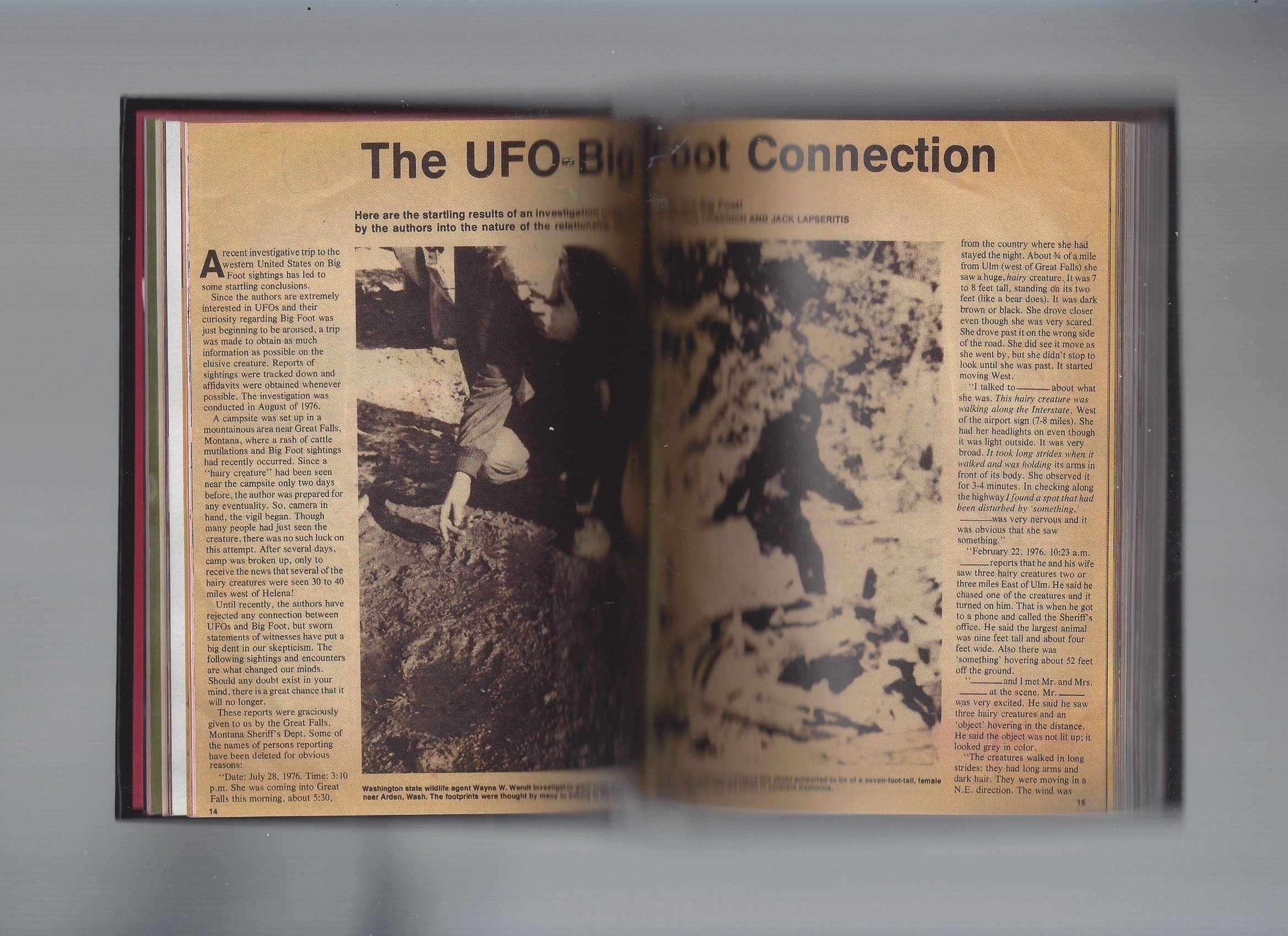 Scanned spread of an article detailing the connection between UFOs and Big Foot